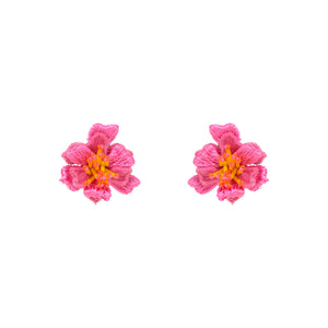 Pink and Orange Flower Stud Earrings on Flat White Background