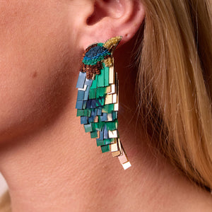 Emerald Green, Gold, and Bronze Sequin and Bead Embroidered Bird Earrings Styled on Model's Ear