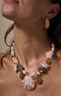 Shell, Pearl, and Bead Collar Necklace Styled on Model 