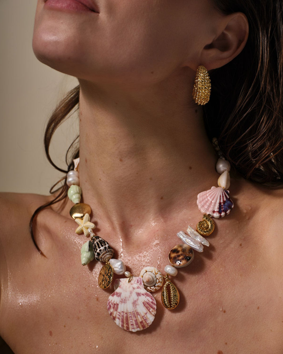 Shell, Pearl, and Bead Collar Necklace Styled on Model 