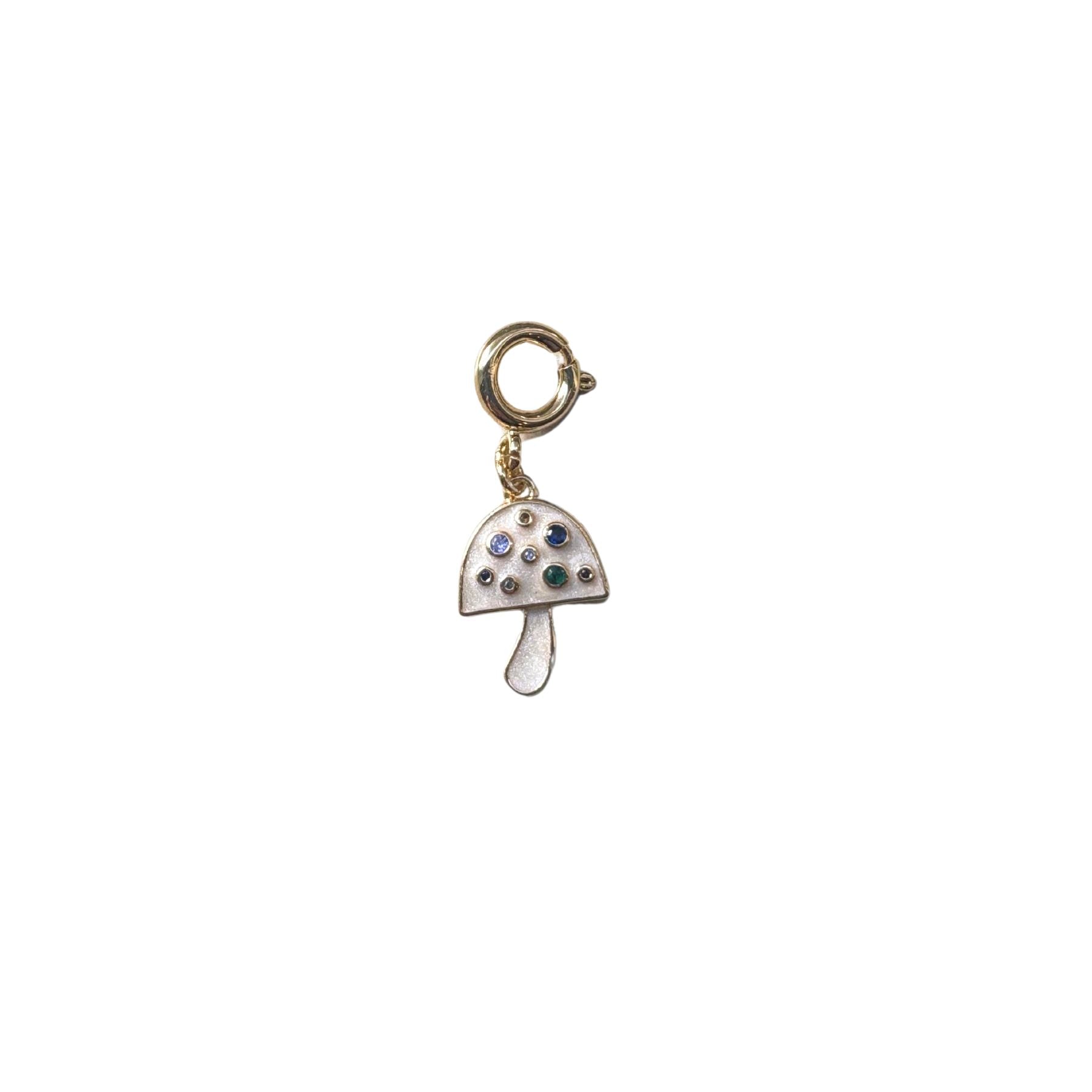 Mushroom-shaped charm with colorful gemstones on a white background
