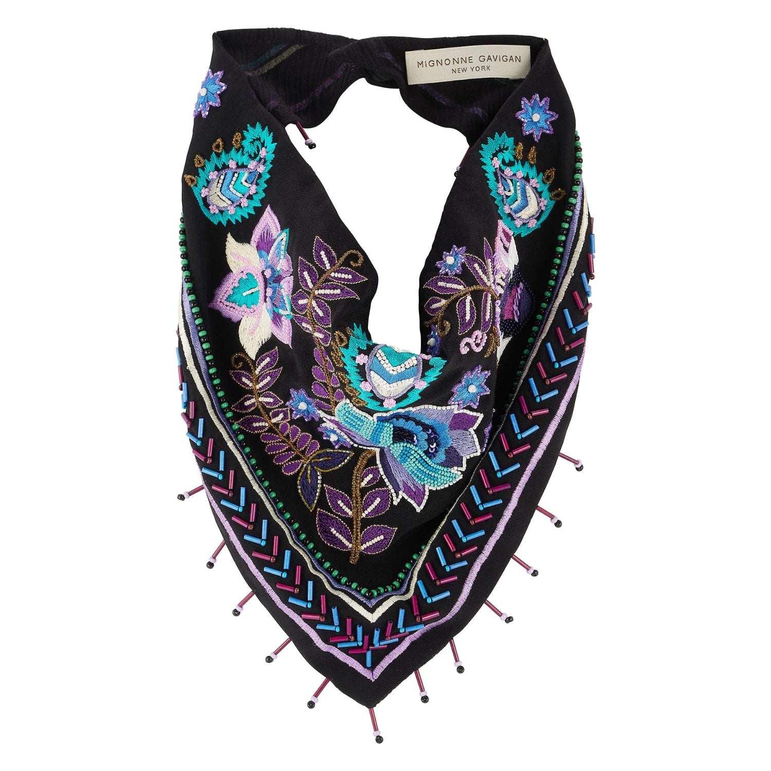 Black scarf necklace featuring colorful floral and geometric embroidery with beaded details on white