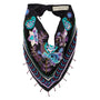 Black scarf necklace featuring colorful floral and geometric embroidery with beaded details on white