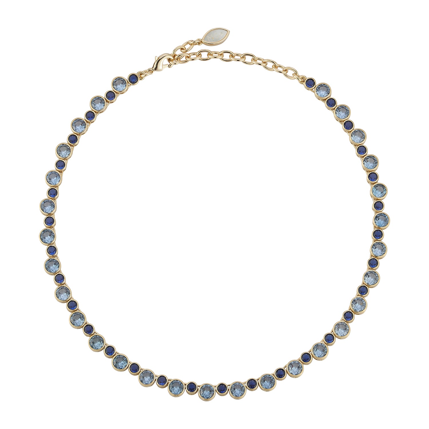 Delicate necklace featuring a strand of small blue beads and a gold-tone clasp styled on white