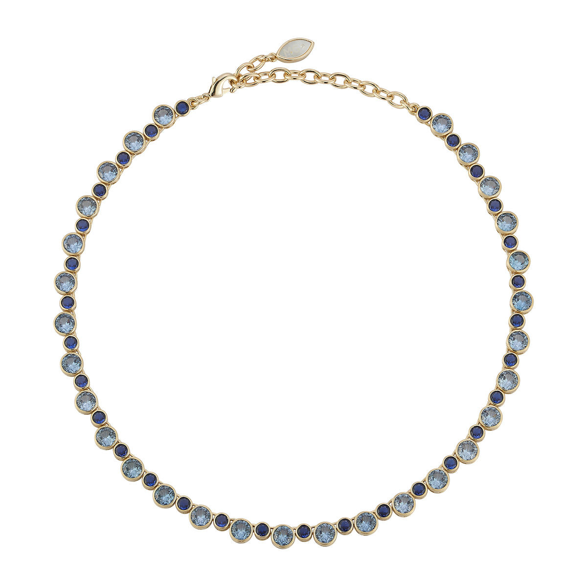 Delicate necklace featuring a strand of small blue beads and a gold-tone clasp styled on white