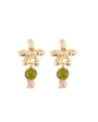 Pair of gold earrings with green and pink gemstones on a white background
