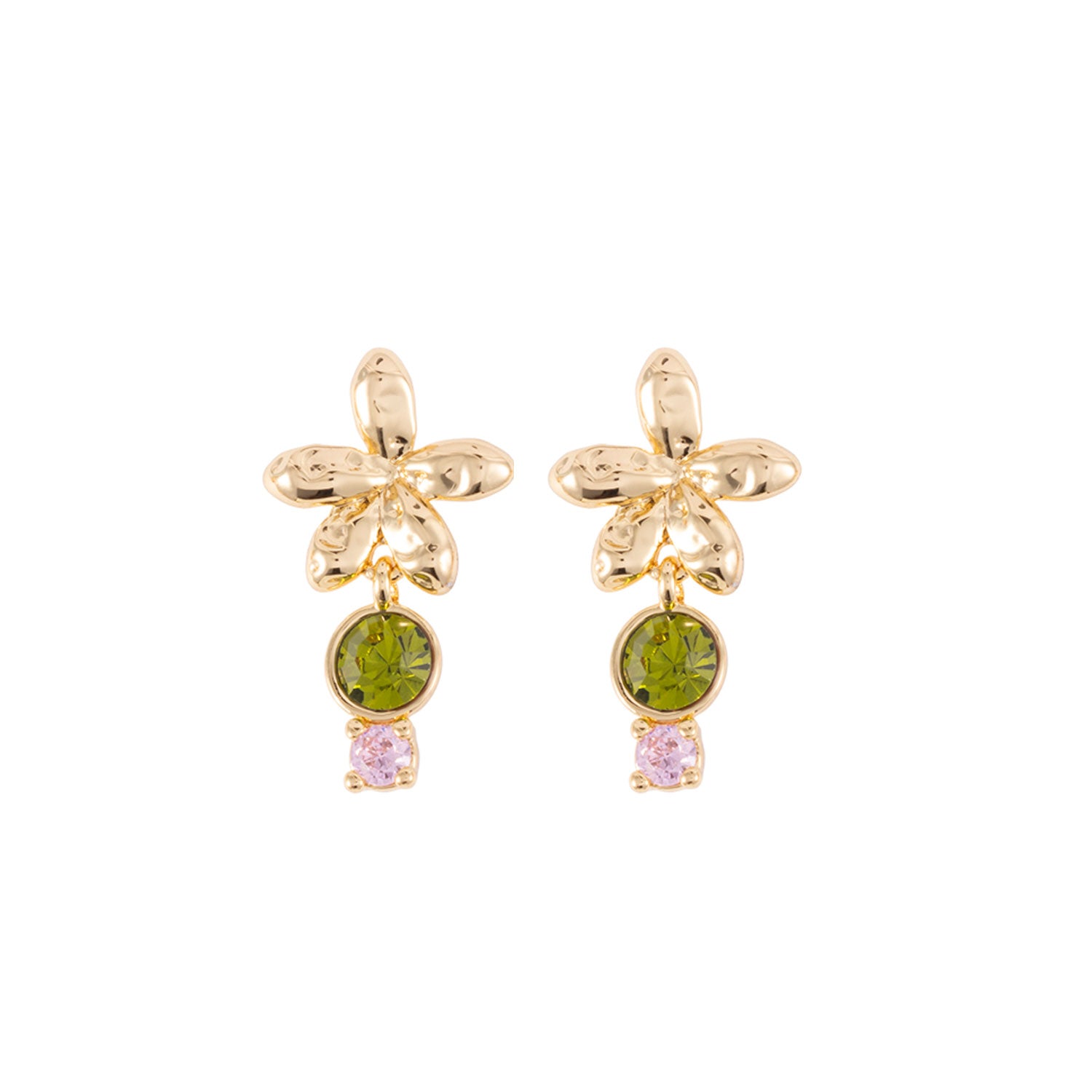 Pair of gold earrings with green and pink gemstones on a white background