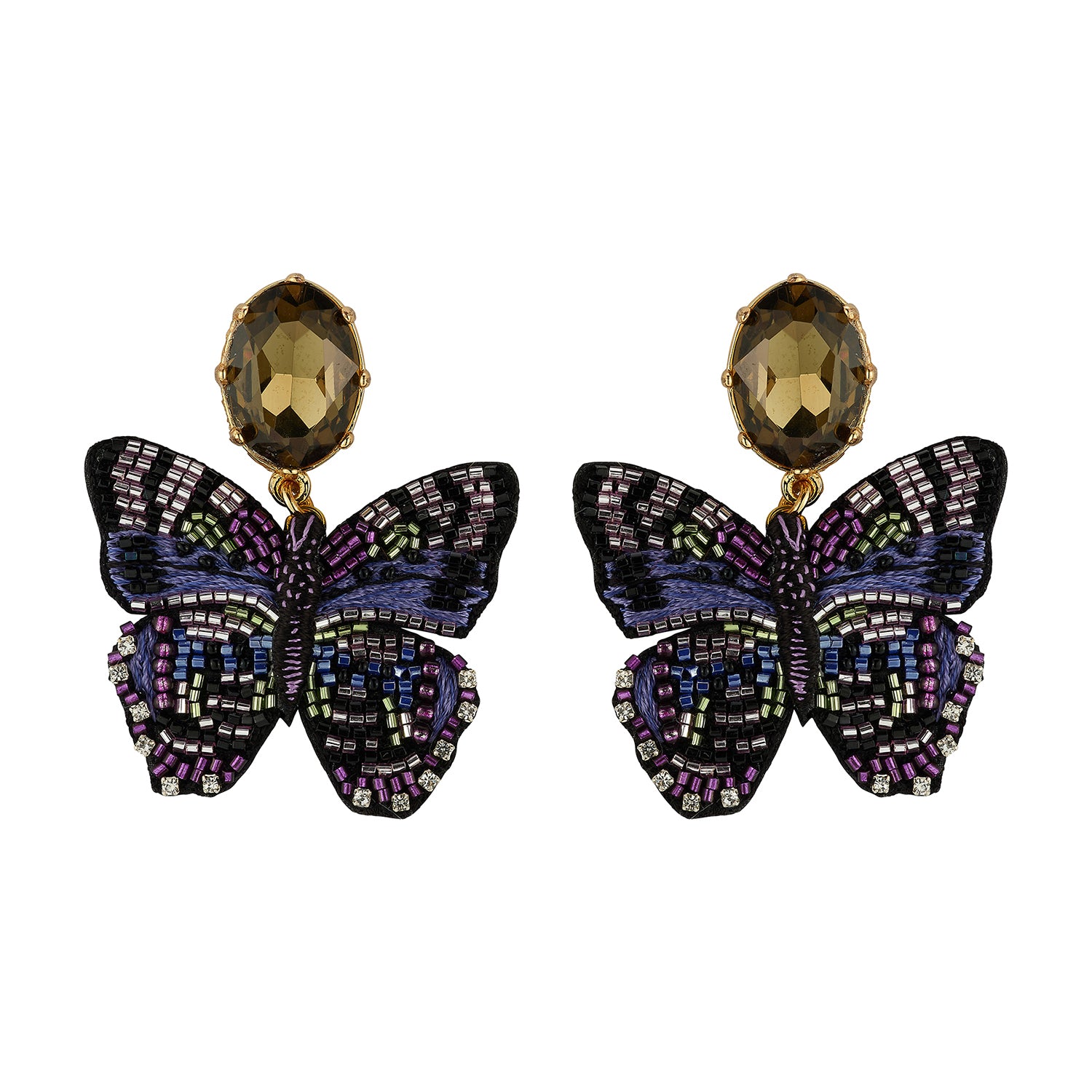 Multicolor butterfly-shaped statement earrings featuring purple, blue, and green beadwork with gold-tone details on white