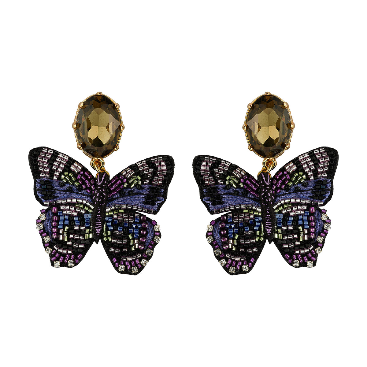 Multicolor butterfly-shaped statement earrings featuring purple, blue, and green beadwork with gold-tone details on white