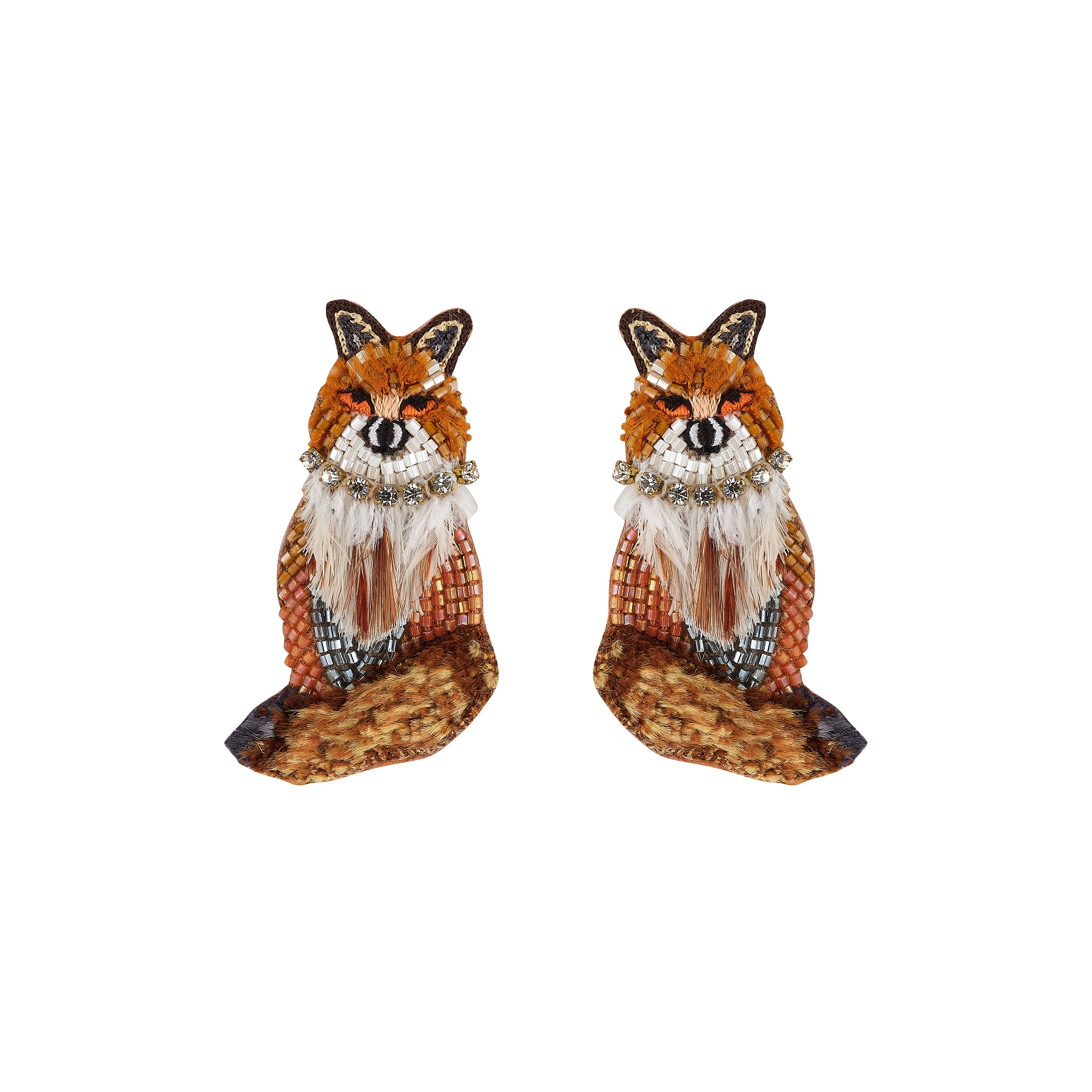 A pair of fox-shaped earrings crafted with orange and brown sequins, white faux fur details, and rhinestone embellishments on a plain white background.
