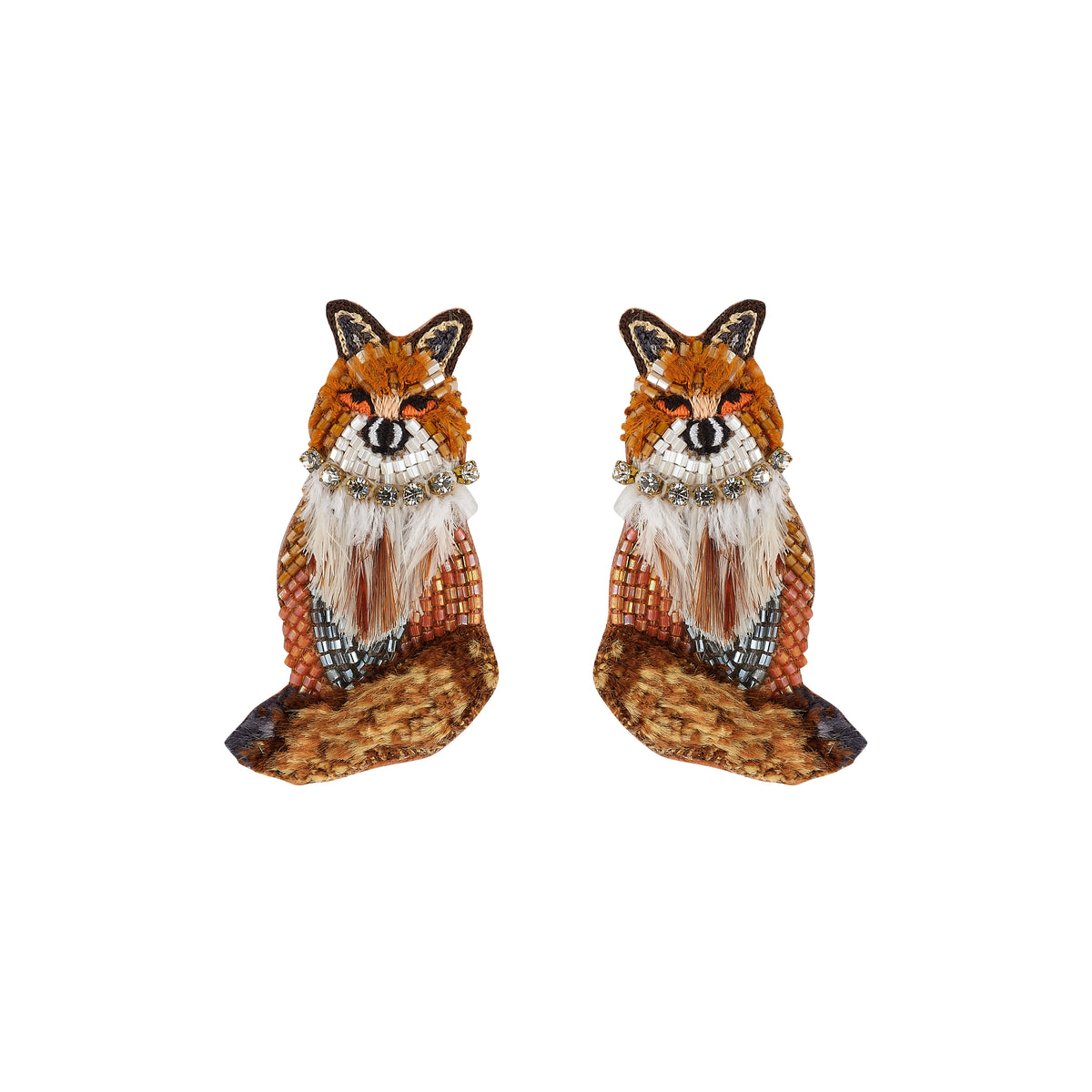 A pair of fox-shaped earrings crafted with orange and brown sequins, white faux fur details, and rhinestone embellishments on a plain white background.