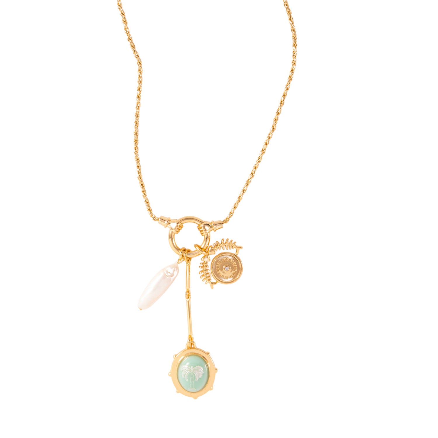 Gold necklace with charms on a white background
