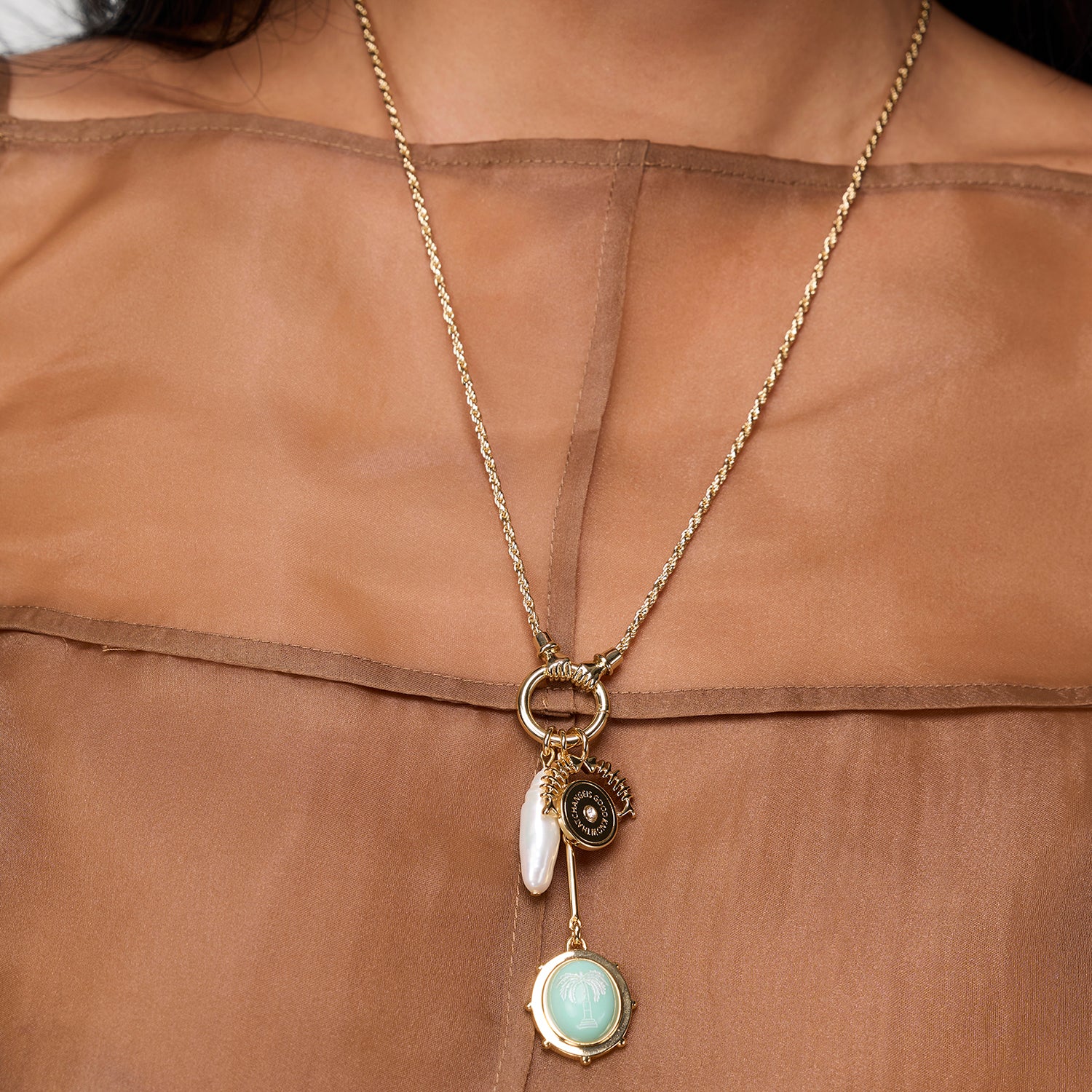 Model wearing Frances Charm Necklace