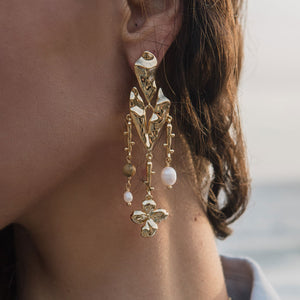Freshwater Pearl and Stone Heart and Flower Drop Earrings Styled on Model