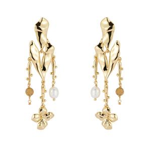 Freshwater Pearl and Stone Heart and Flower Drop Earrings on Flat White Background