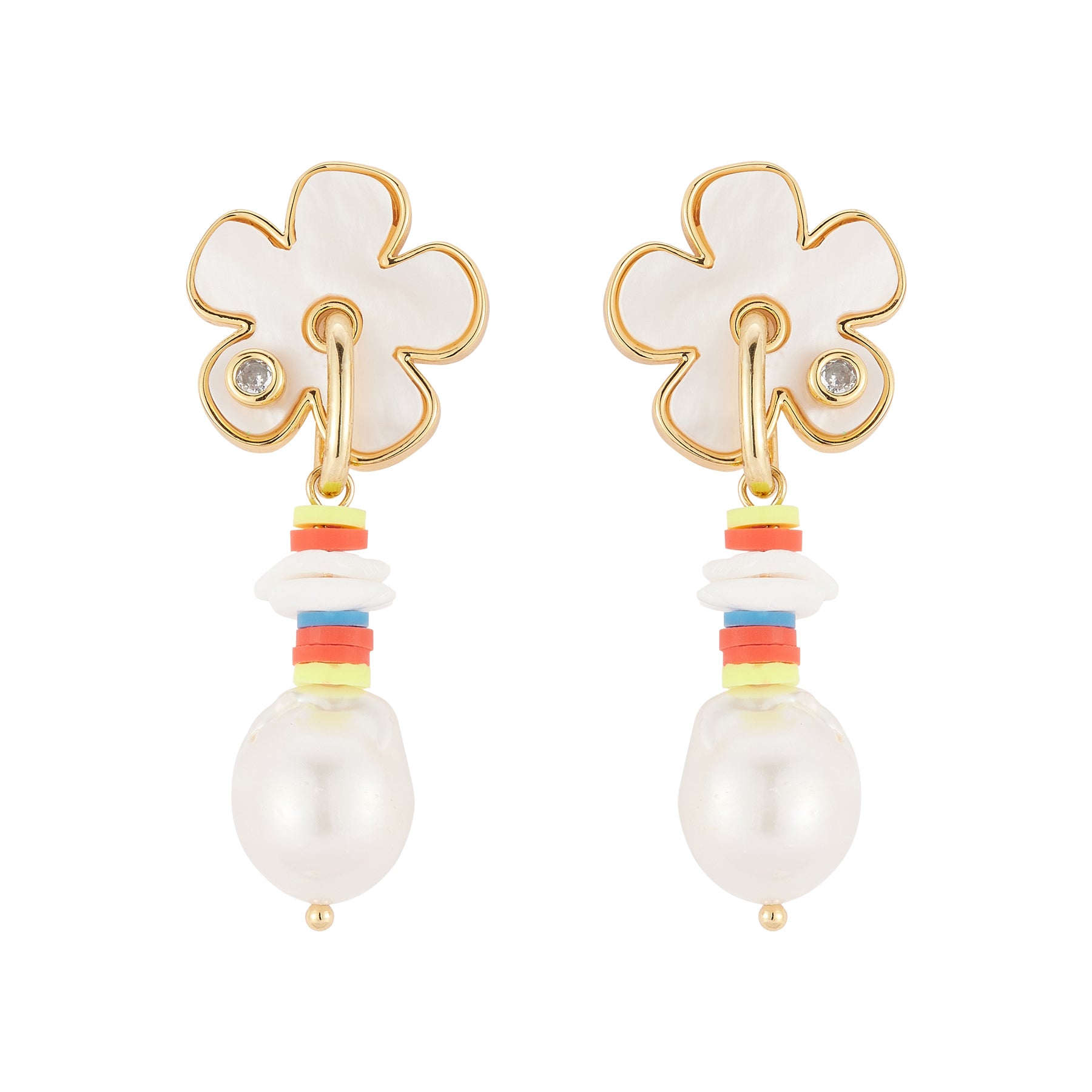 Flower and Multi Bead Pearl Drop Earrings on Flat White Background