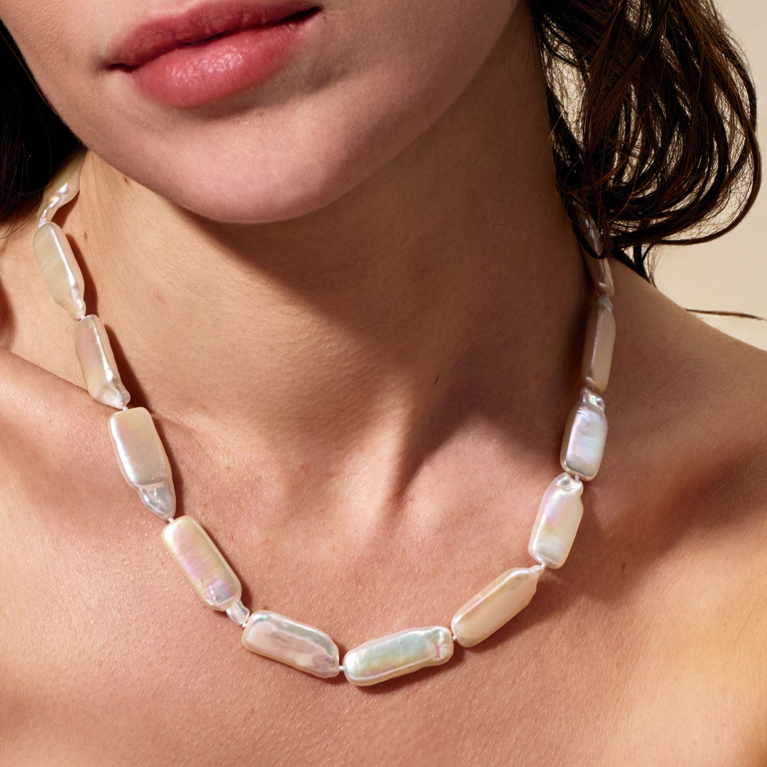 White Freshwater Pearl Necklace Styled on Model