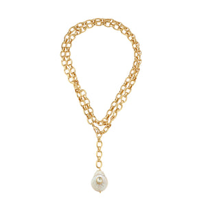 Freshwater Pearl and Crystal Gold Chain Wrap Pendant Necklace on Flat White Background
