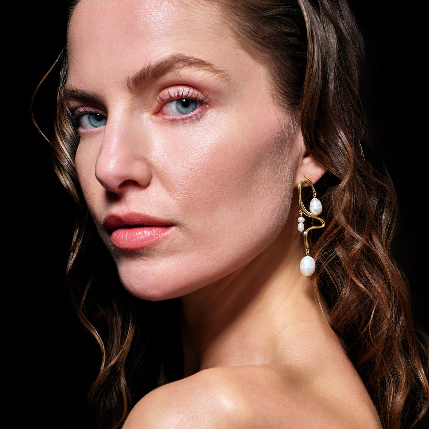 Freshwater Pearl and Gold Drop Earrings Styled on Model