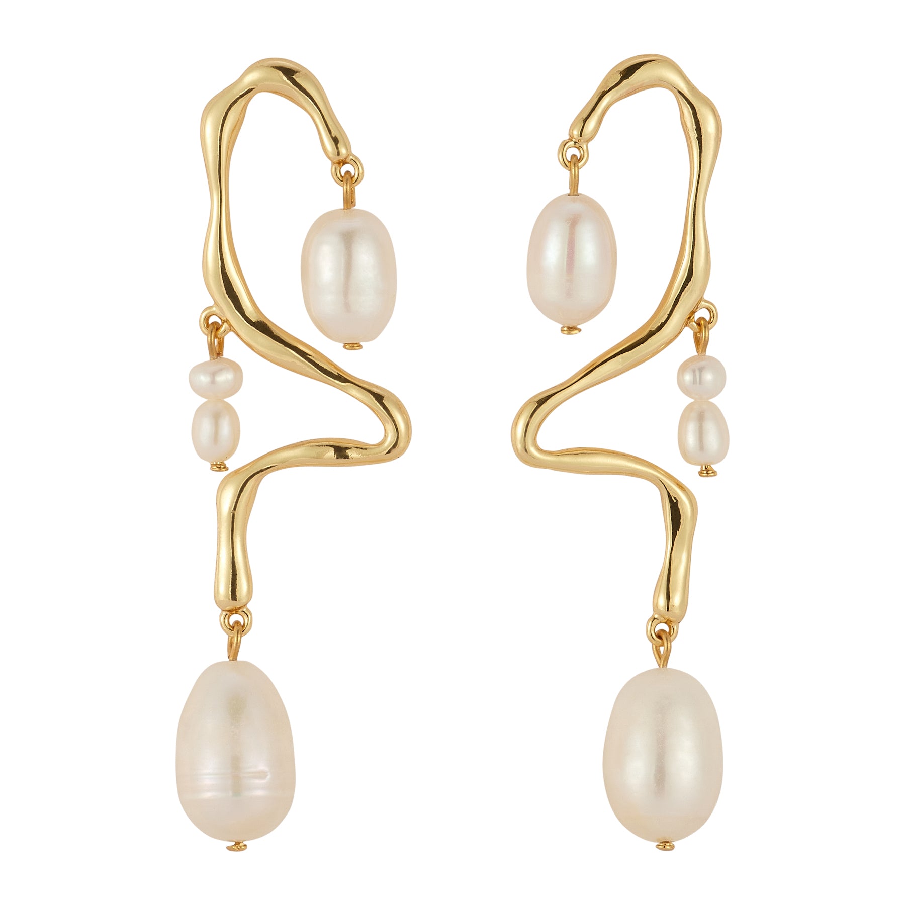 Freshwater Pearl and Gold Drop Earrings on Flat White Background