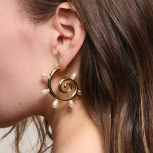 Freshwater Pearl and Gold Swirl Hoops Styled on Model