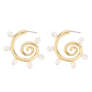 Freshwater Pearl and Gold Swirl Hoops on Flat White Background