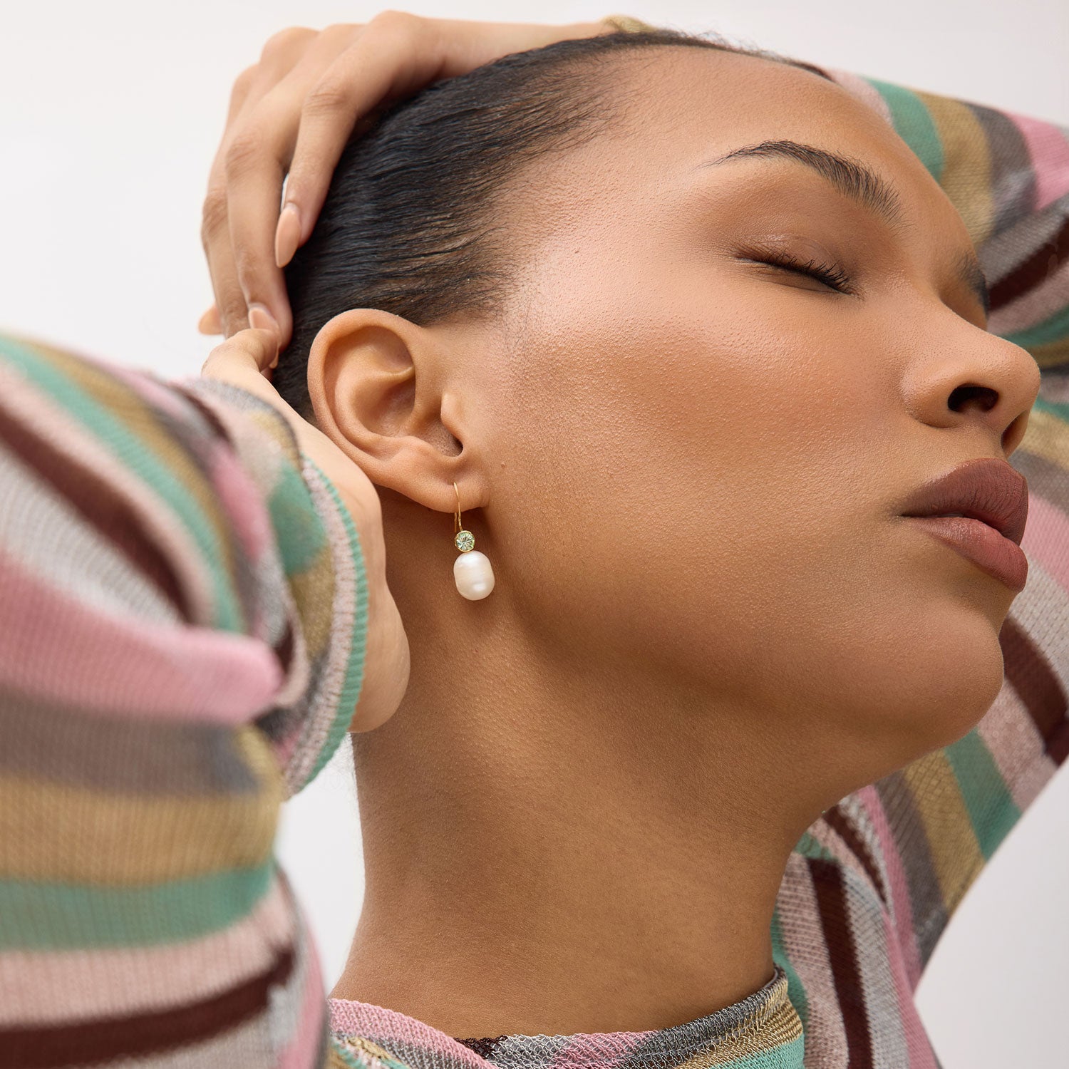 Freshwater Pearl and Crystal Drop Earrings Styled on Model
