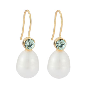 Freshwater Pearl and Crystal Drop Earrings on Flat White Background