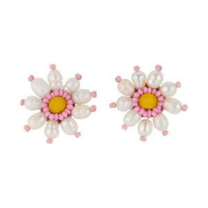 Freshwater Pearl and Yellow and Pink Beaded Flower Stud Earrings on Flat White Background