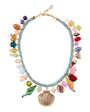 Colorful necklace with various charms on a white background