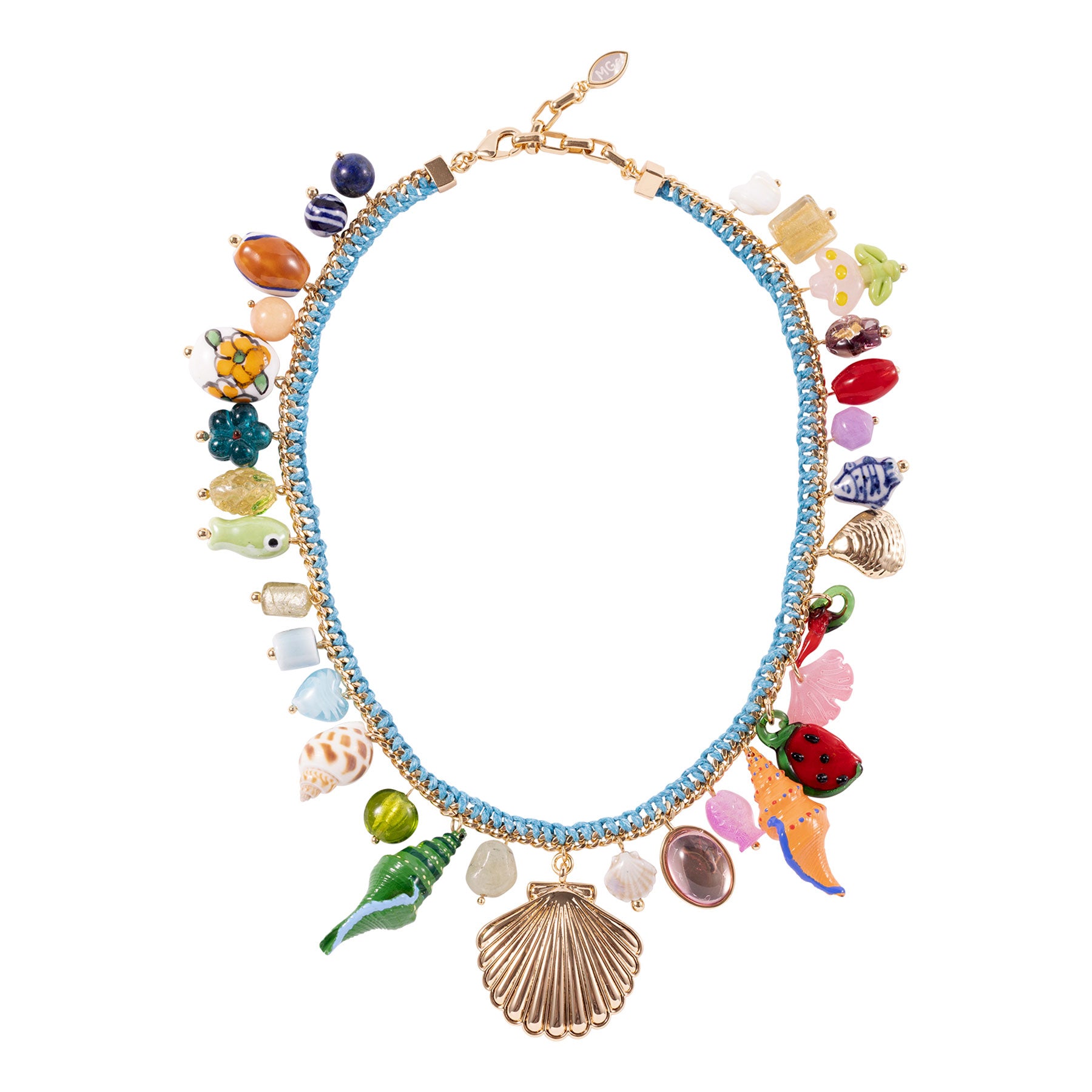 Colorful necklace with various charms on a white background