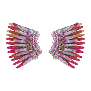 Glitter Pink and Hot Pink Sequin Wing Stud Earrings on Flat White Background