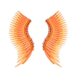 Glittery Orange Sequin Wing Earrings on Flat White Background