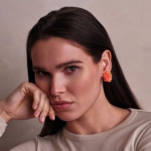 Glittery Orange Sequin Wing Stud Earrings Styled on Model