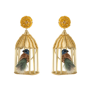 Gold Bird Cage Drop Earrings on Flat White Background