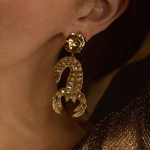 Gold Beaded and Embroidered Scorpion Drop Earrings
