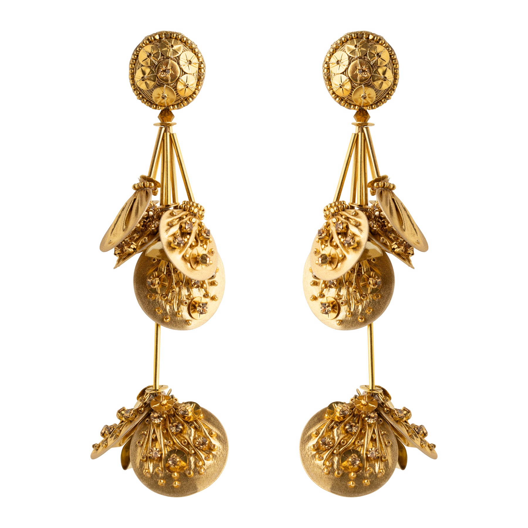 Gold Beaded Drop Earrings on Flat White Background
