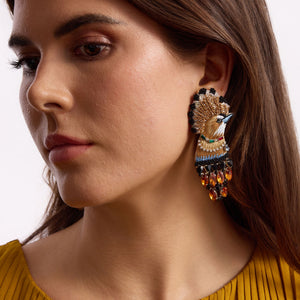 Gold, Black, and Multi Colored Crystal and Bead Bird Earrings on Model