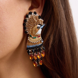 Gold, Black, and Multi Colored Crystal and Bead Bird Earrings on Model