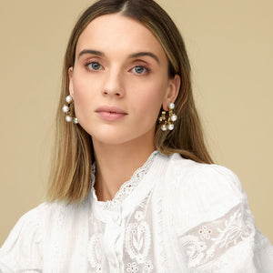 Pearl and Gold Hoop Earrings on Model with White Blouse