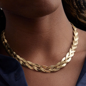 Gold Braided Chain Necklace Styled on Model