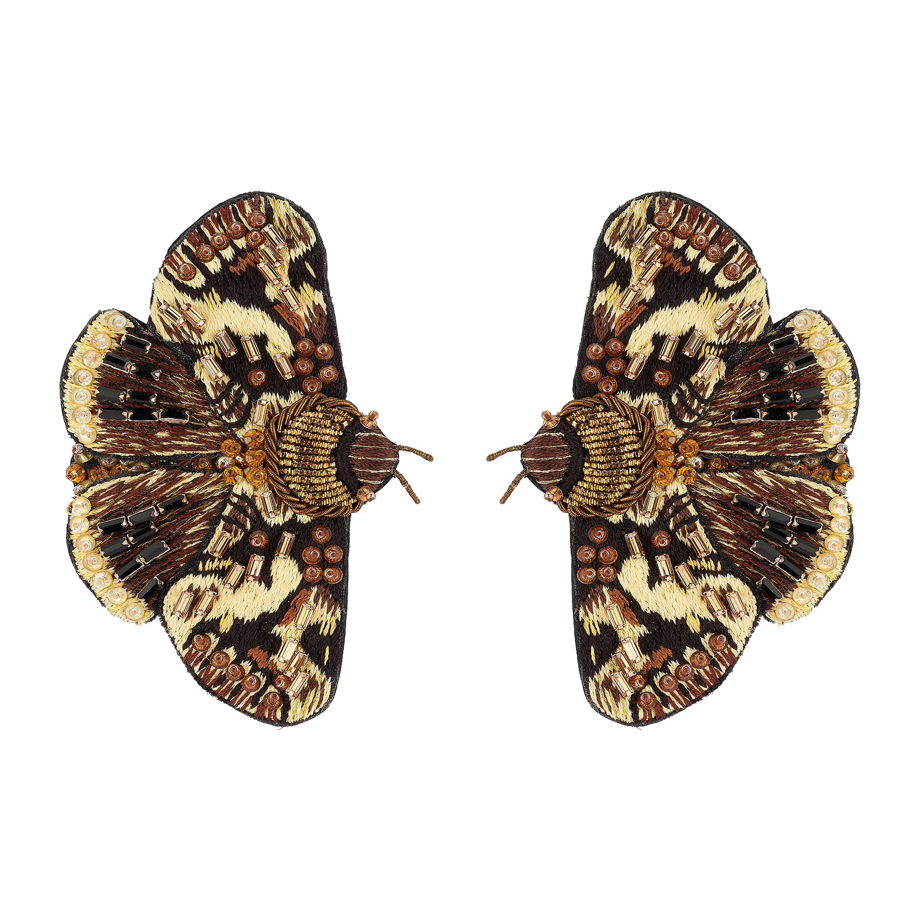 Pair of moth-shaped earrings with intricate design on a white background