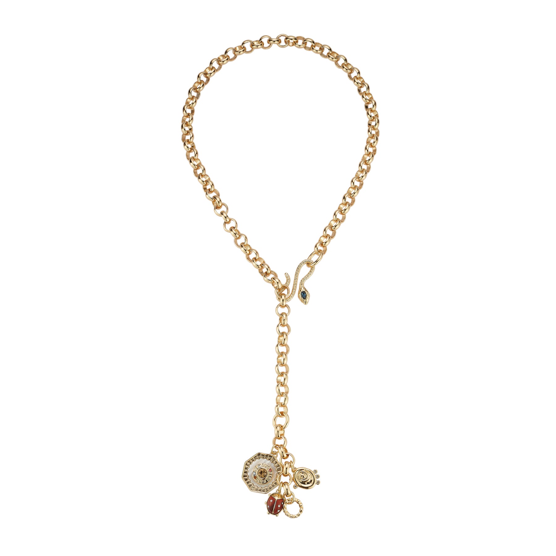 Gold chain necklace with charms on a white background