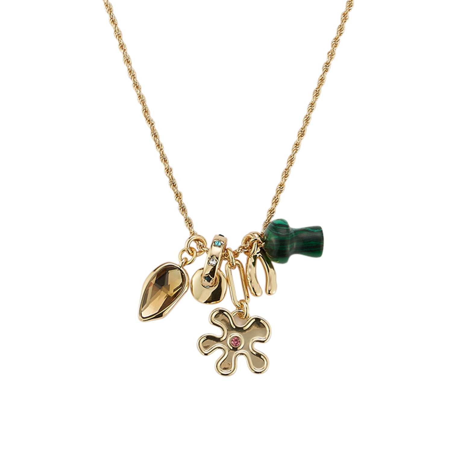 Gold, Stone, and Crystal Pendant Charm Necklace on Flat White Background
