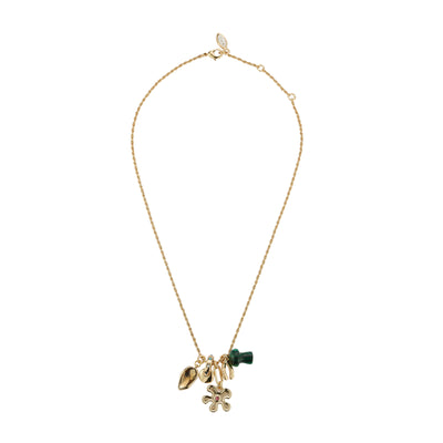 Gold, Stone, and Crystal Pendant Charm Necklace on Flat White Background