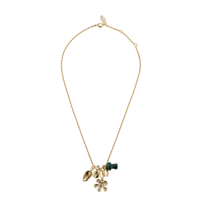 Gold, Stone, and Crystal Pendant Charm Necklace on Flat White Background