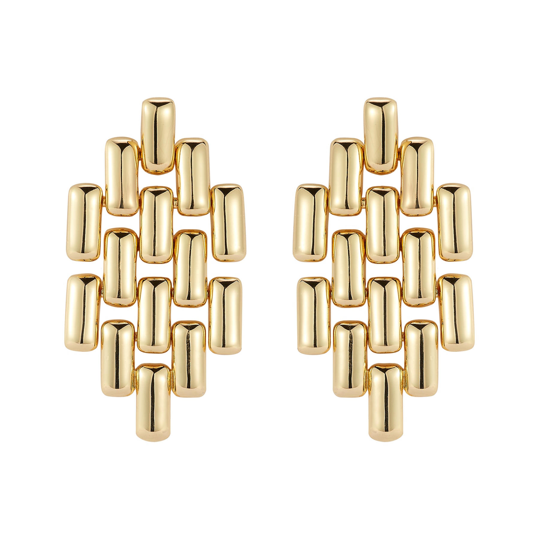 Gold geometric earrings on a white background