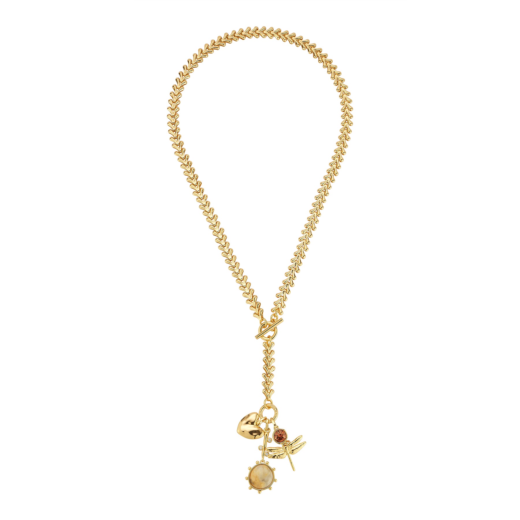 Gold and Stone Charm Necklace on Flat White Background