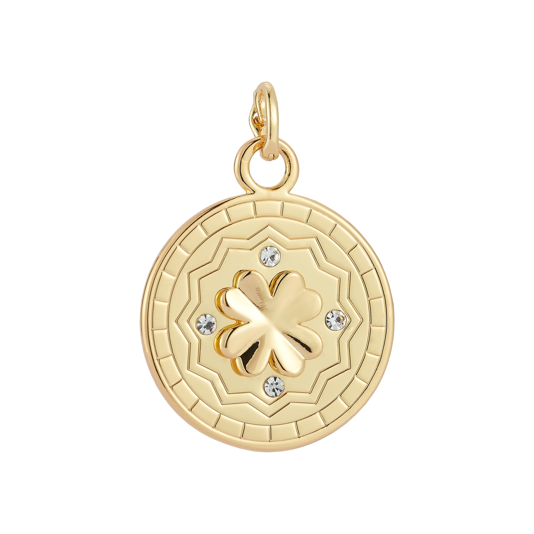 Gold charm with clear crystals and clover on white background