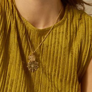 Gold Coin and Compass Pendant Necklace Styled on Model